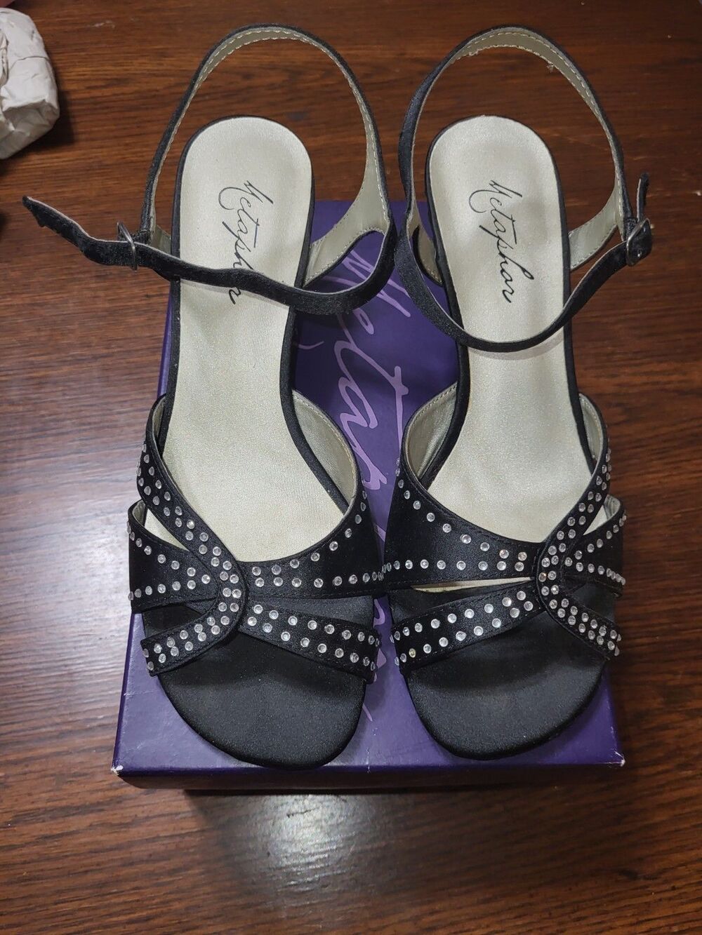 Metaphor Tristan Black Satin Rhinestone Dress Sandals Heels Ankle Strap 7.5